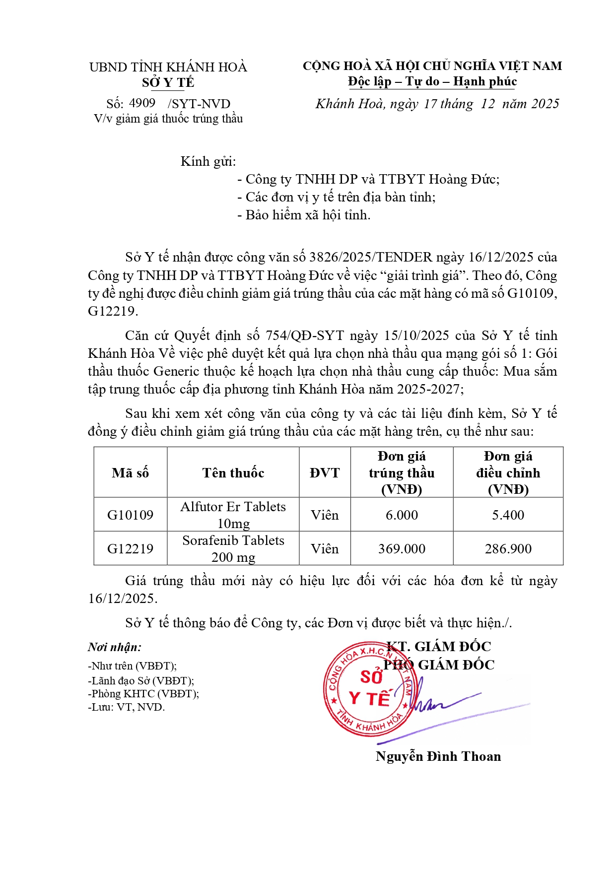 V/v giảm giá thuốc trúng thầu